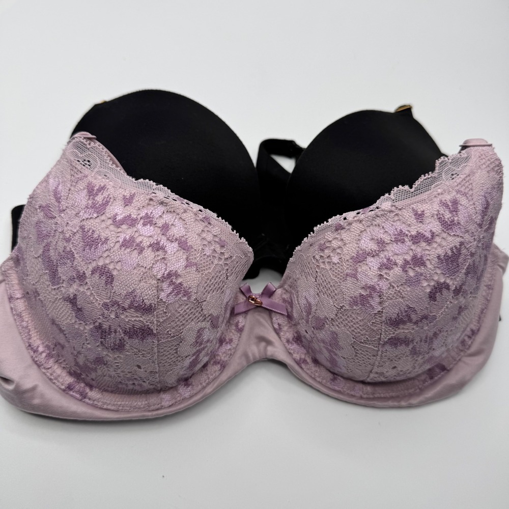 Victoria's Secret Push-Up Bra Lot 34B Black Front Close Lavender Lace 2 Pack
